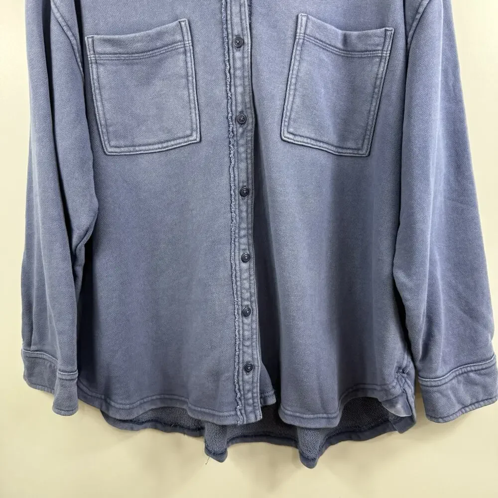 Aerie Lumber Jane Blue Button Up Shacket Medium Oversized Pockets Raw Hem Collar
